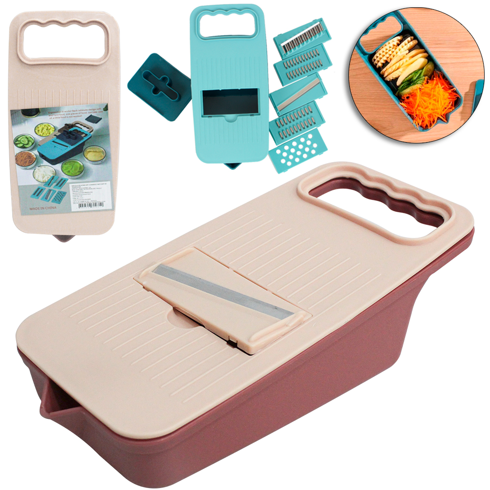 CORTADOR FATIADOR E RALADOR DE FRUTAS / LEGUMES DE INOX / PLASTICO COM 5 LAMINAS + RESERVATORIO