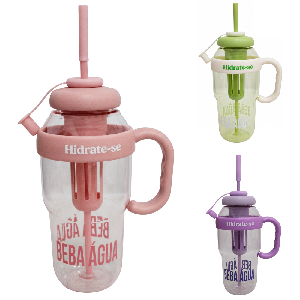 COPO COM TAMPA + ALCA + CANUDO E INFUSOR DE PLASTICO PET HIDRATE-SE BEBA AGUA 1300ML