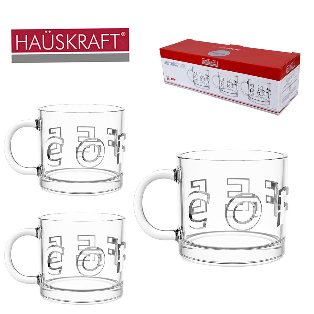 JOGO DE CANECA XICARA DE VIDRO PARA CAFE / CAPPUCCINO COFFEE HAUSKRAFT COM 3 PECAS 320ML