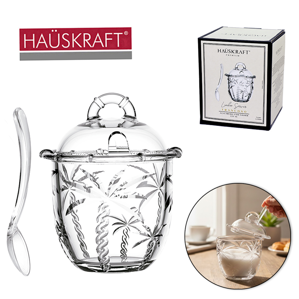 ACUCAREIRO / PORTA CONDIMENTO DE VIDRO COM TAMPA + COLHER DE ACRILICO LINHA SERVIR TRANCOSO HAUSKRAFT PREMIUM