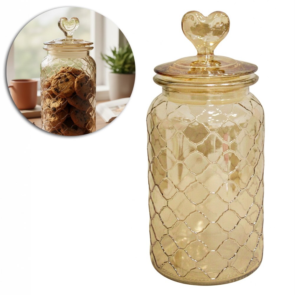 POTE DE VIDRO AMBAR REDONDO COM TAMPA HERMETICA CORACAO 1,2L