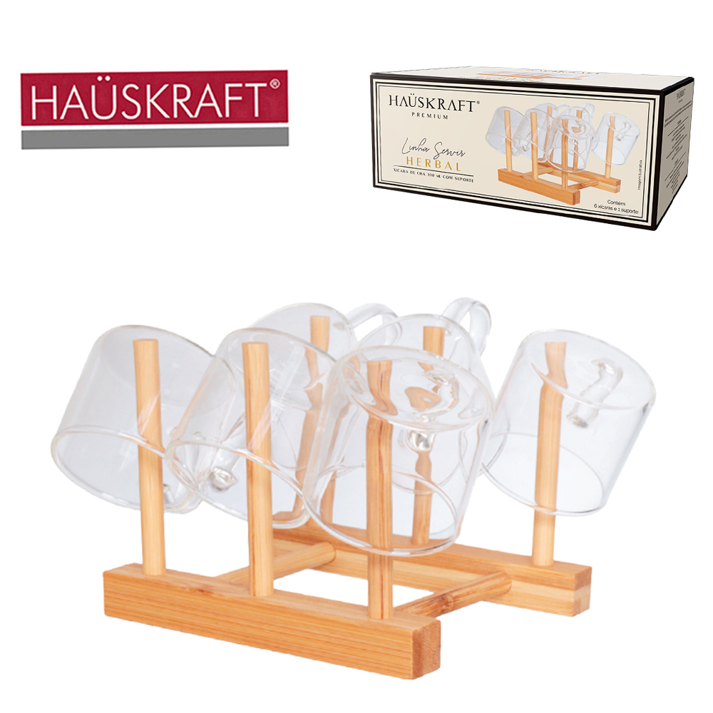 JOGO DE CANECA XICARA DE VIDRO BOROSSILICATO PARA CAFE 6 PECAS + SUPORTE DE BAMBU LINHA SERVIR HERBAL HAUSKRAFT PREMIUM