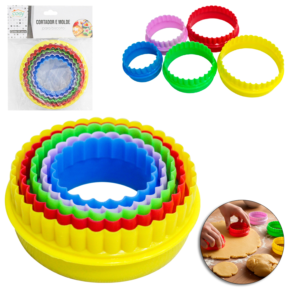 CORTADOR MOLDE DE PLASTICO PARA BISCOITO REDONDO COM 5 PECAS
