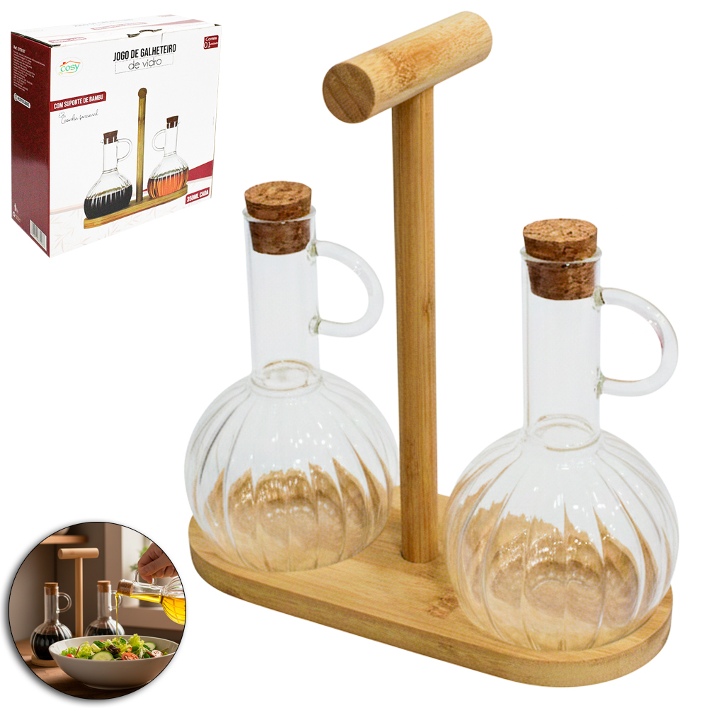 GALHETEIRO DE VIDRO COM 2 PECAS 350ML + SUPORTE DE BAMBU