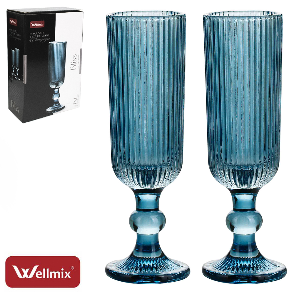 JOGO DE TACA DE VIDRO PARA CHAMPANHE CHAMPAGNE BLISS COLLECTION AZUL ESCURO COM 2 PECAS 160ML