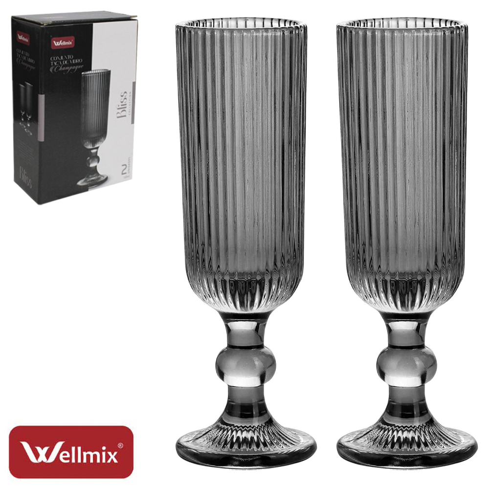 JOGO DE TACA DE VIDRO PARA CHAMPANHE CHAMPAGNE BLISS COLLECTION PRETO FUME COM 2 PECAS 160ML