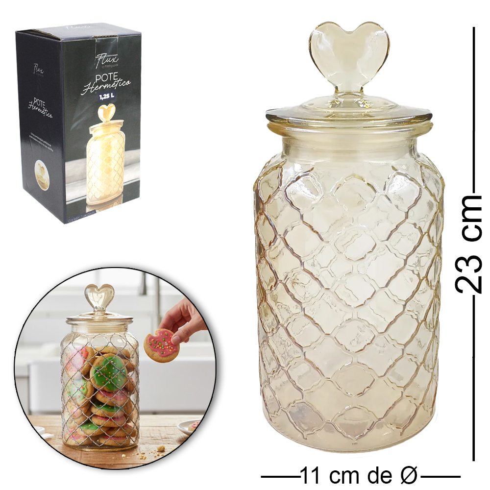 POTE DE VIDRO REDONDO COM TAMPA HERMETICA CORACAO DE VIDRO AMBAR FLUX 1,25L