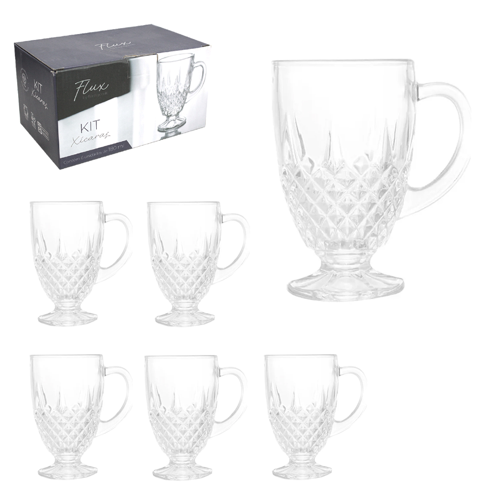 JOGO DE CANECA XICARA DE VIDRO PARA CAFE / CAPPUCCINO FLUX COM 6 PECAS 180ML