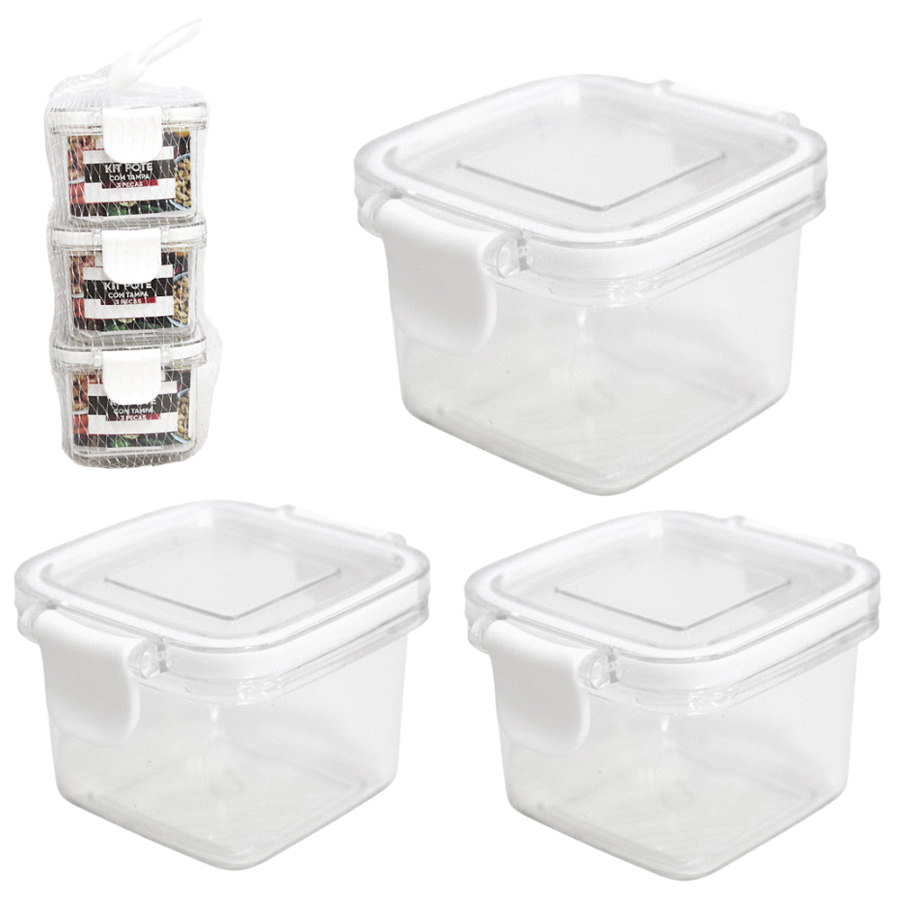CONJUNTO DE MINI POTE DE PLASTICO PET FLEXIVEL QUADRADO COM TAMPA HERMETICA E TRAVA 3 PECAS 60ML NA REDE