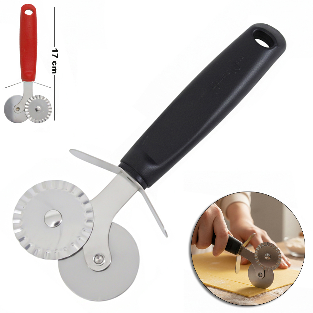 CARRETILHA CORTADOR DUPLA DE PIZZA / MASSAS DE INOX CABO PLASTICO VERMELHO E PRETO BLACK LINE 17CM