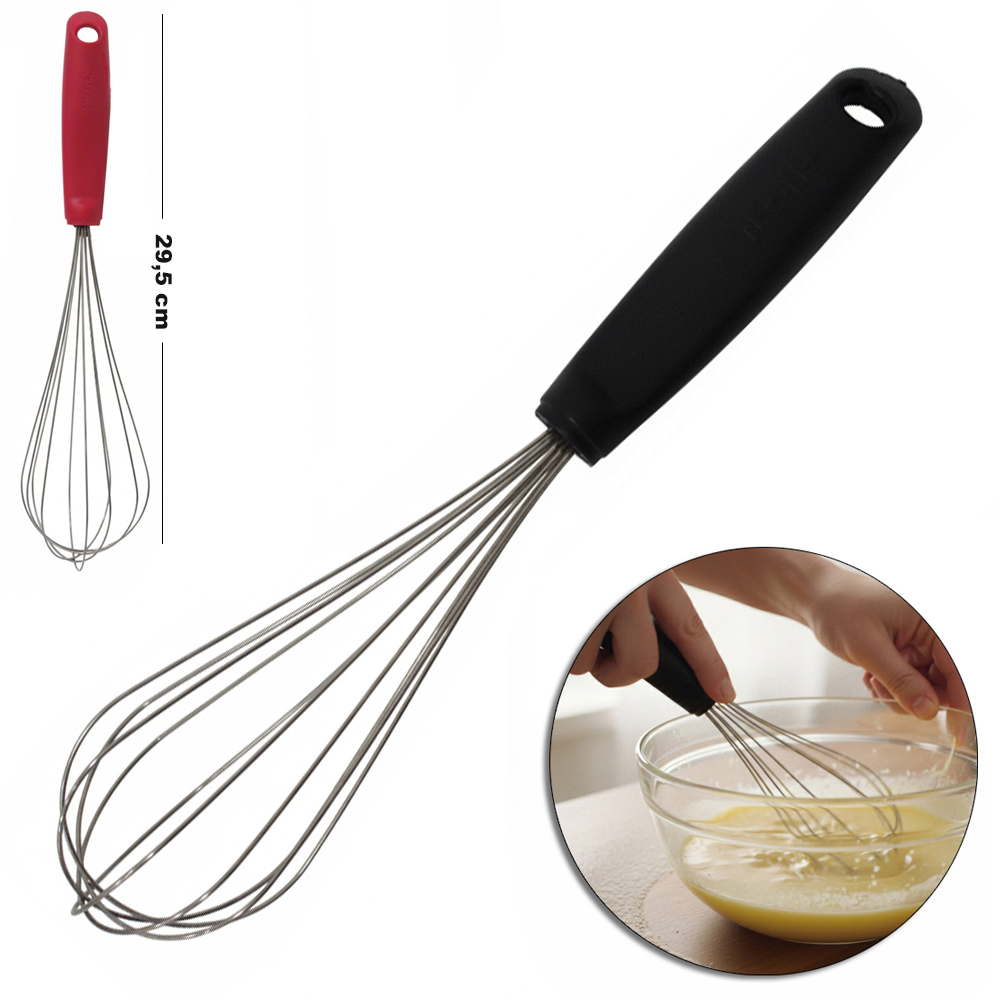BATEDOR DE CLARA FOUET MANUAL DE INOX CABO PLASTICO VERMELHO E PRETO BLACK LINE 29,5X7CM