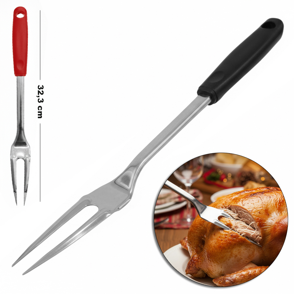 GARFO TRINCHANTE DE INOX PARA CHURRASCO CABO PLASTICO VERMELHO E PRETO BLACK LINE 32,3CM