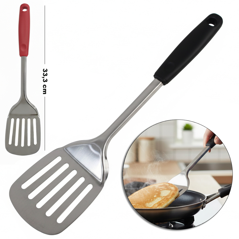 ESPATULA VAZADA DE INOX CABO PLASTICO VERMELHO E PRETO BLACK LINE 33,3X8CM