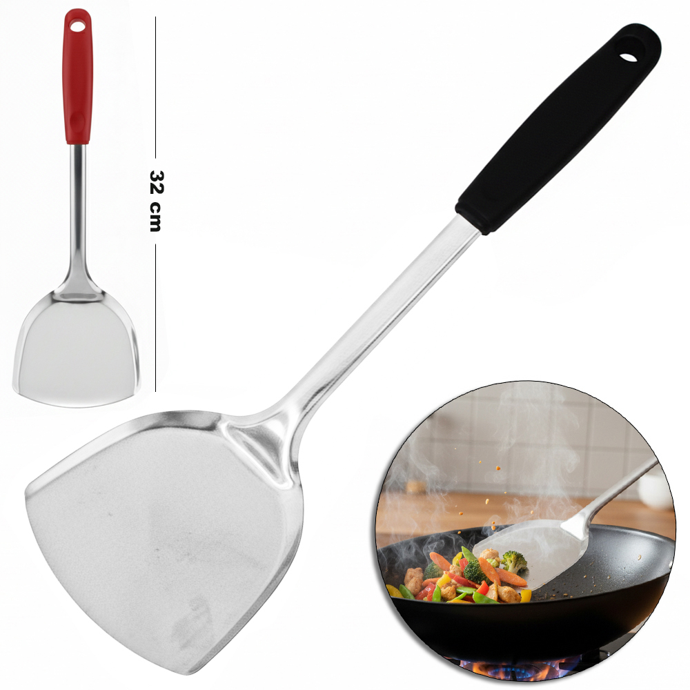 ESPATULA DE INOX CABO PLASTICO VERMELHO E PRETO BLACK LINE 32X10CM