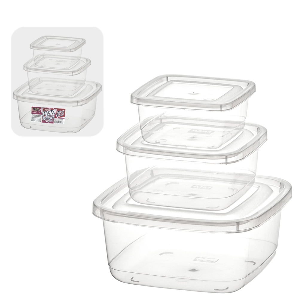 CONJUNTO DE ORGANIZADOR DE PLASTICO QUADRADO PLUS PMG TRANSPARENTE COM 3 PECAS 1000 / 550 / 270ML