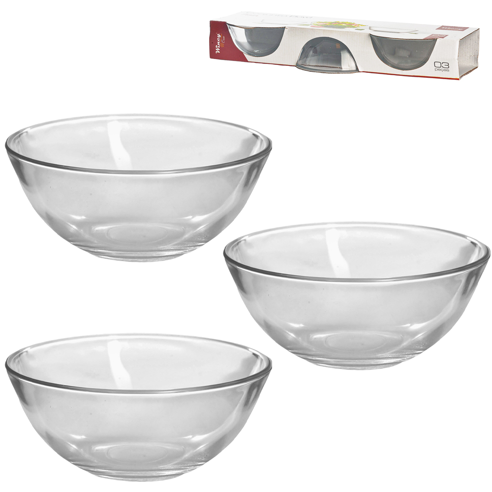 JOGO DE TIGELA DE VIDRO REDONDA PARA SOBREMESA BOWL PLAIN TRANSPARENTE COM 3 PECAS 200ML