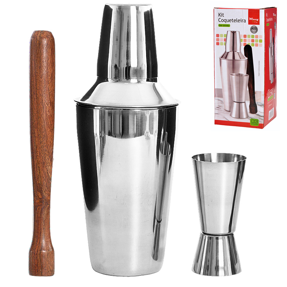 KIT BAR COM COQUETELEIRA 500ML + COPO DOSE / SHOT DUPLO DE INOX 25 / 50ML E SOCADOR DE MADEIRA