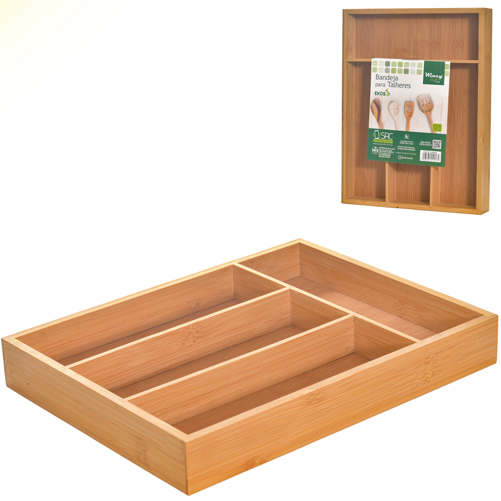 PORTA TALHER DE GAVETA DE BAMBU COM 4 DIVISORIAS EKOS 33X25X4,5CM