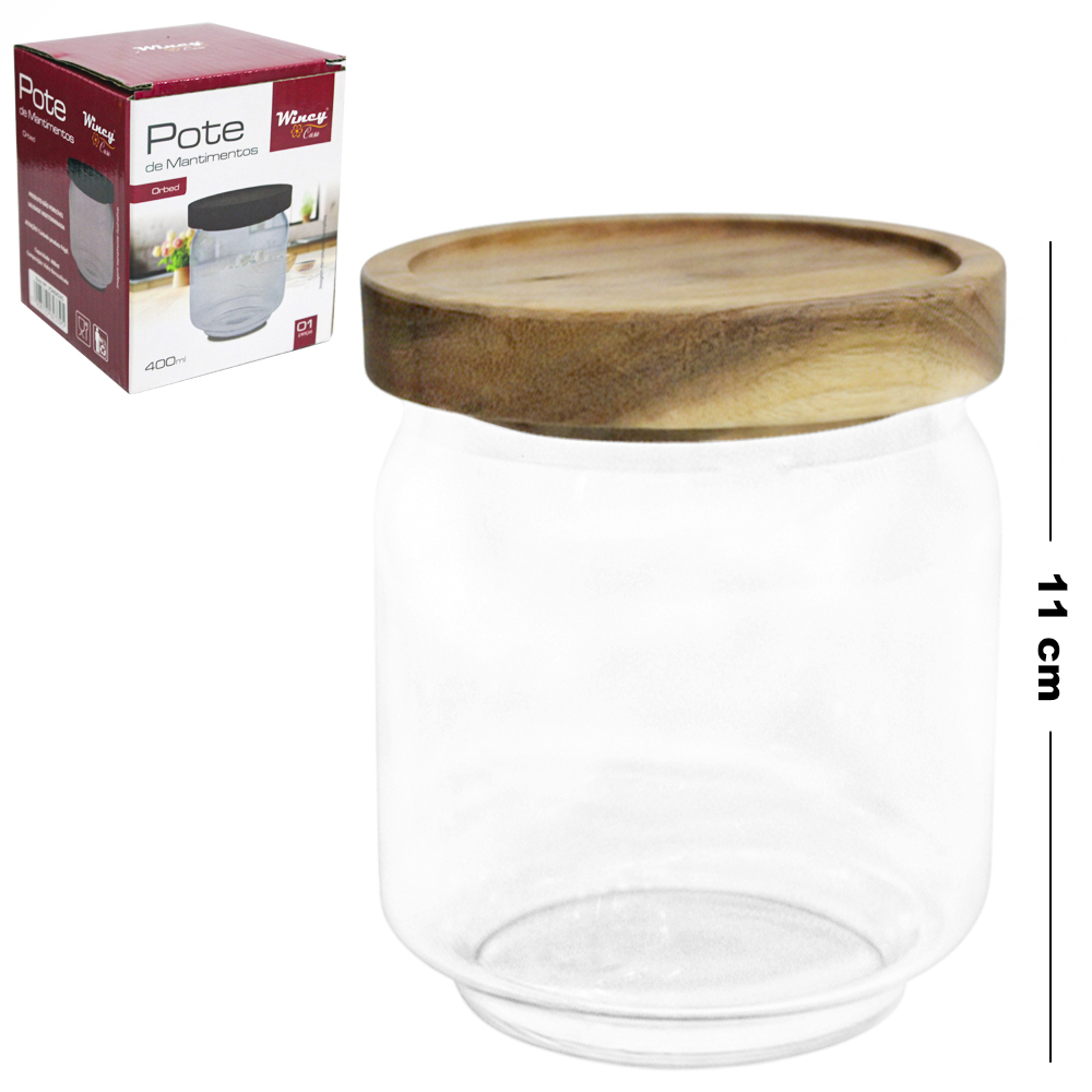 POTE DE VIDRO BOROSSILICATO REDONDO PARA MANTIMENTOS EMPILHAVEL COM TAMPA HERMETICA DE MADEIRA ORBED 400ML