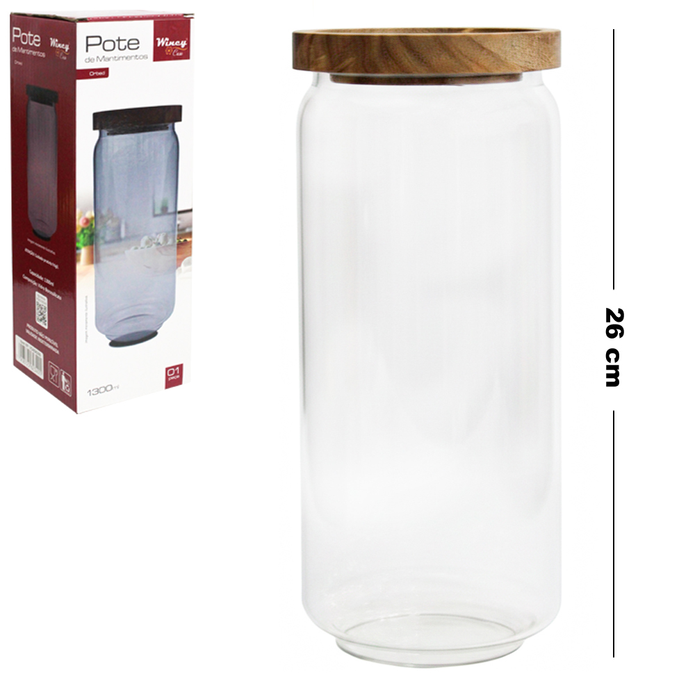 POTE DE VIDRO BOROSSILICATO REDONDO PARA MANTIMENTOS EMPILHAVEL COM TAMPA HERMETICA DE MADEIRA ORBED 1300ML
