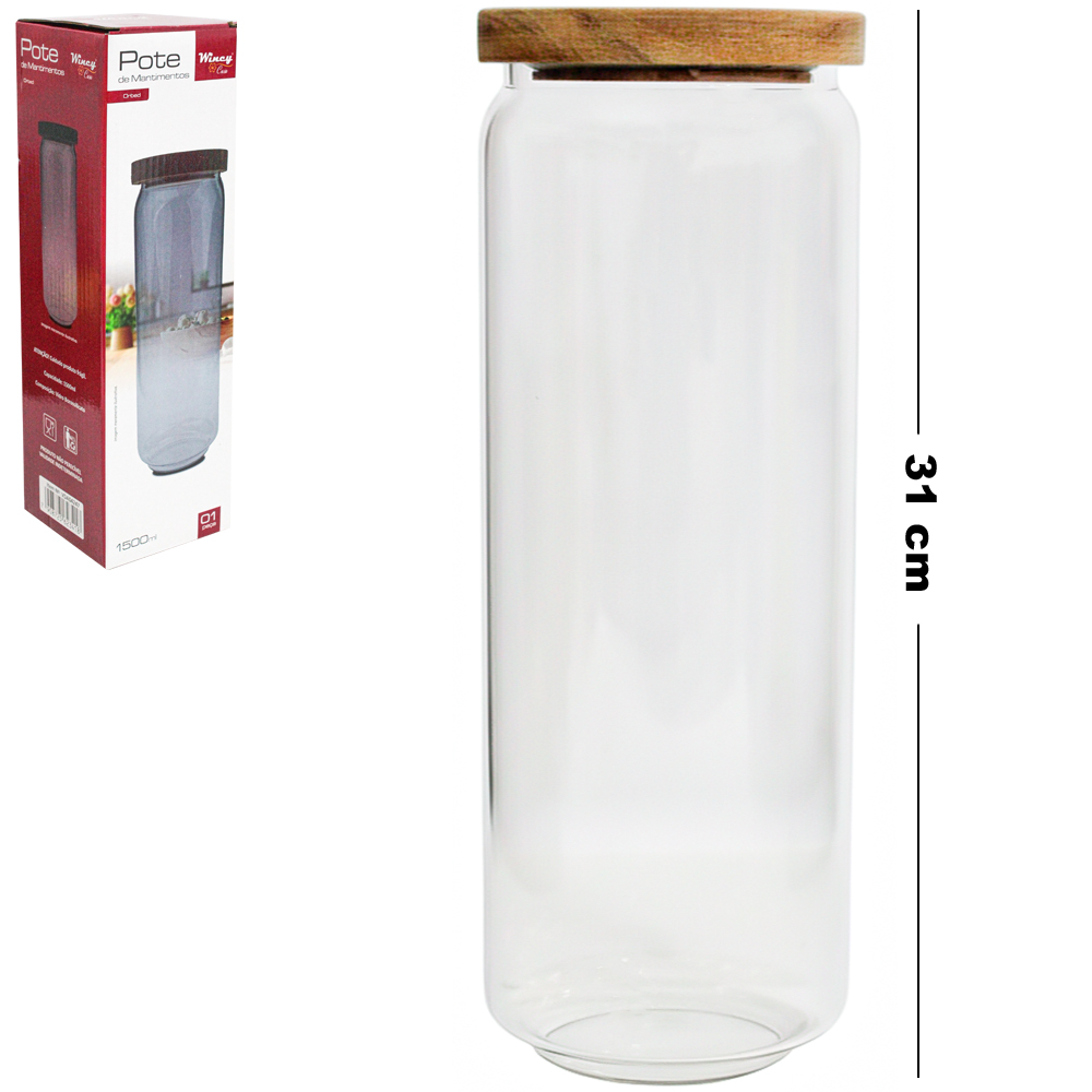 POTE DE VIDRO BOROSSILICATO REDONDO PARA MANTIMENTOS EMPILHAVEL COM TAMPA HERMETICA DE MADEIRA ORBED 1500ML