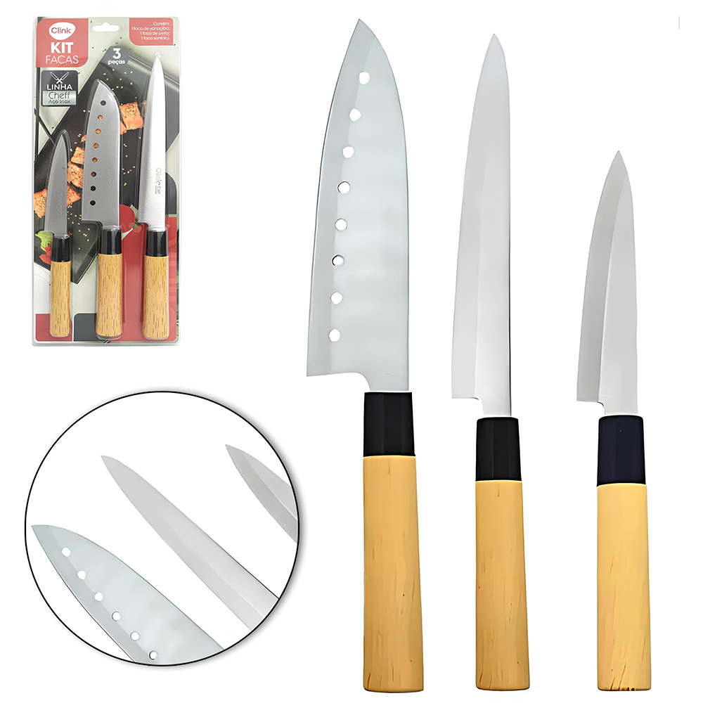 CONJUNTO DE FACA DE COZINHA DE INOX YANAGIBA / PETTY / SANTOKU CABO TIPO MADEIRA 3 PECAS