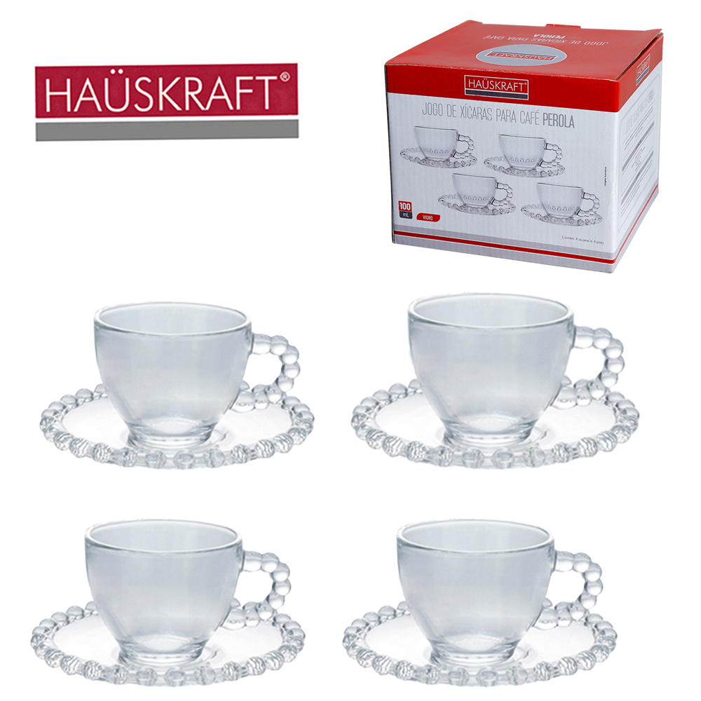 JOGO DE XICARA DE VIDRO COM PIRES PARA CAFE PEROLA HAUSKRAFT 8 PECAS 100ML
