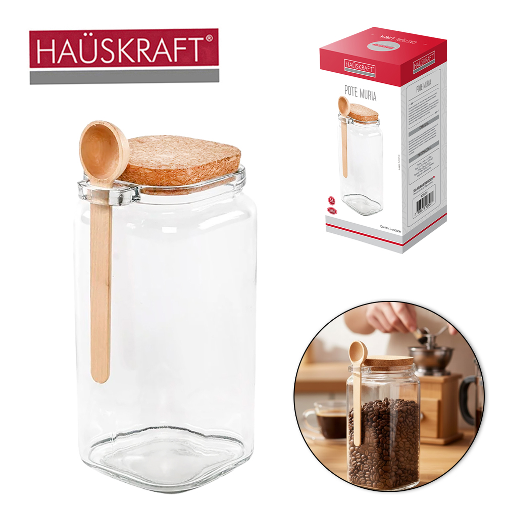 POTE DE VIDRO LISO QUADRADO COM ALCA + COLHER DE MADEIRA E TAMPA CORTICA MURIA HAUSKRAFT 1,2L
