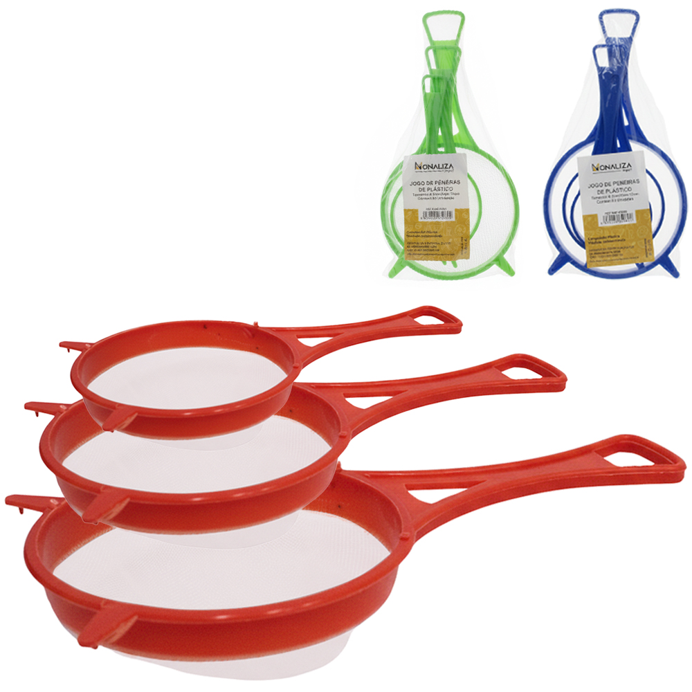 PENEIRA COADOR CABO PLASTICO COM 3 PECAS 12/8/6,5CM DE Ø