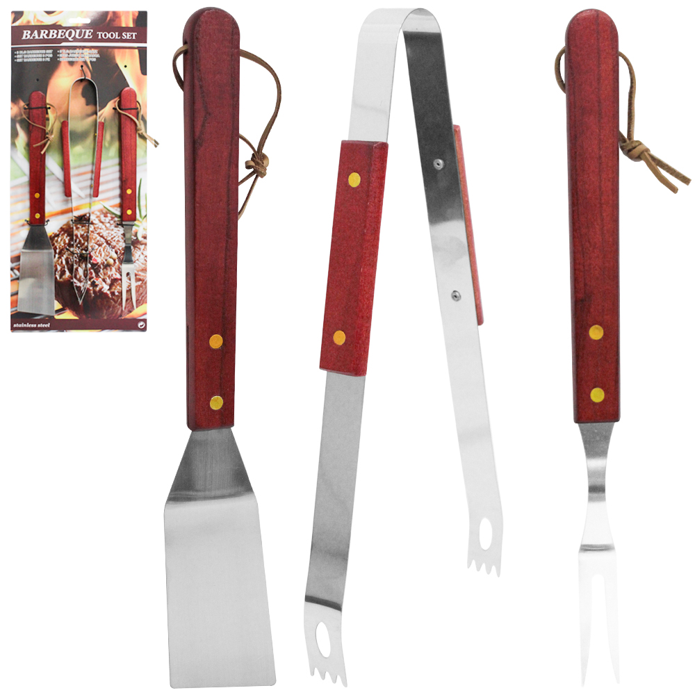 CONJUNTO DE CHURRASCO COM PEGADOR + GARFO E ESPATULA DE INOX CABO MADEIRA