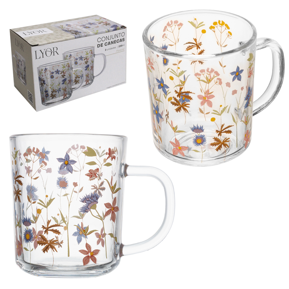 JOGO DE CANECA XICARA DE VIDRO PARA CAFE / CAPPUCCINO FLORECER COM 2 PECAS 220ML