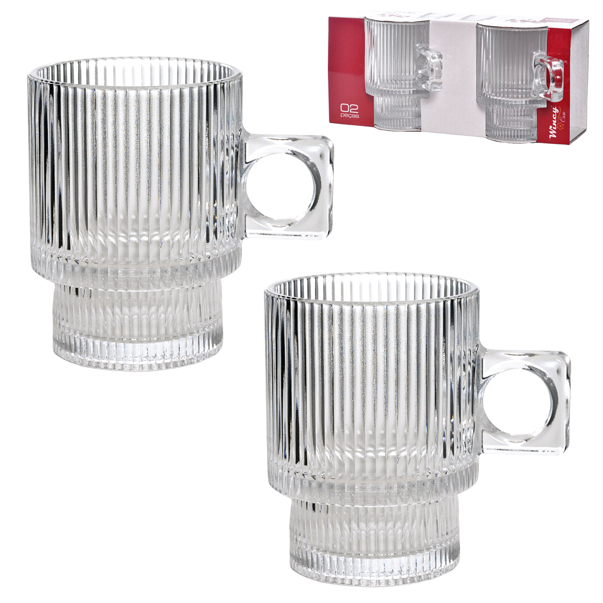 JOGO DE CANECA XICARA DE VIDRO EMPILHAVEL PARA CAFE / CAPPUCCINO DESIGNER COM 2 PECAS 250ML