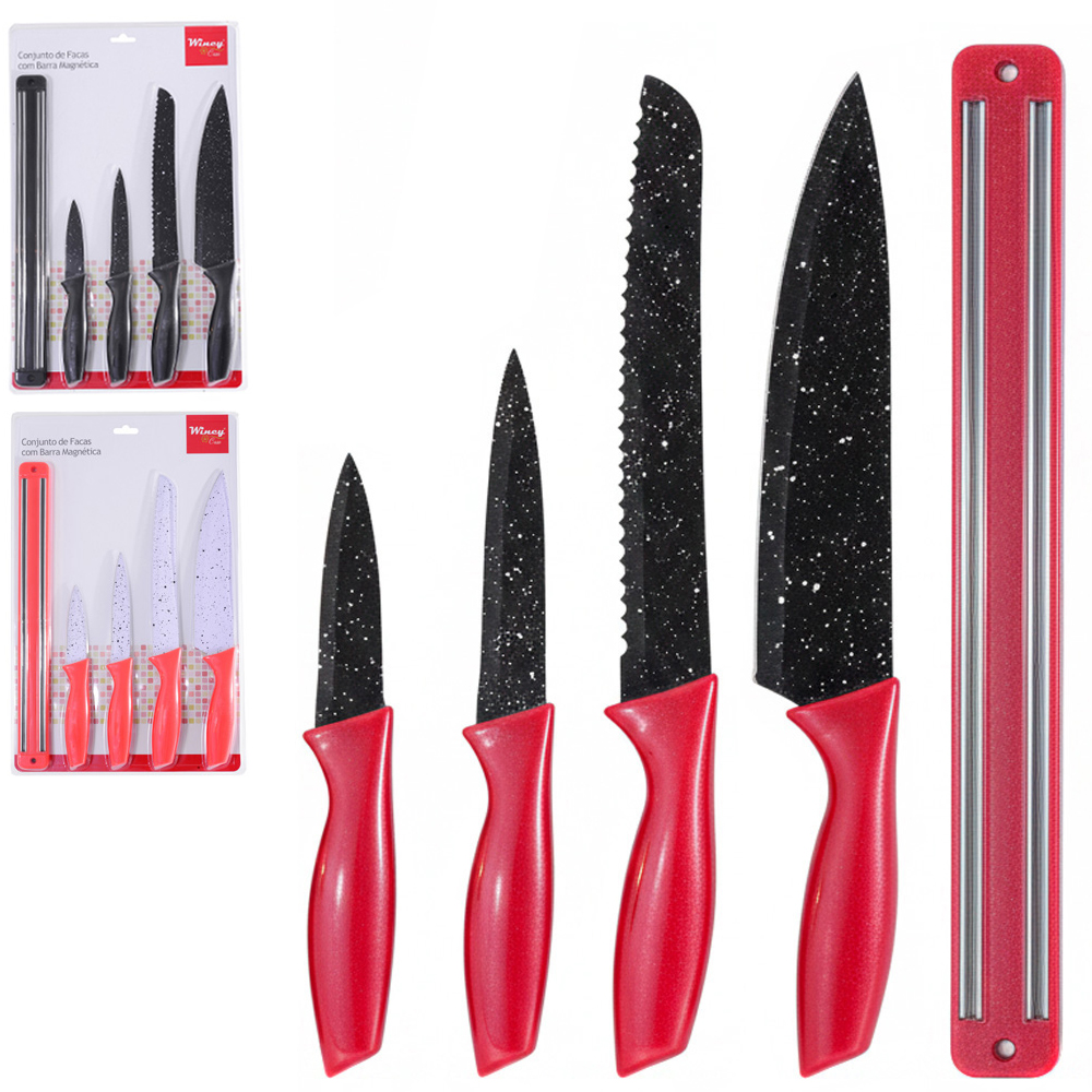 CONJUNTO DE FACA DE COZINHA DE INOX CABO PLASTICO + BARRA MAGNETICA IMA 5 PECAS