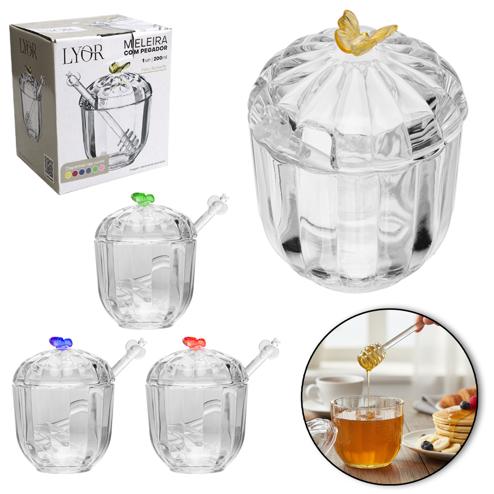 PORTA MEL / MELEIRA DE VIDRO CRISTAL COM TAMPA + PEGADOR DE ACRILICO FAIRY BUTTERFLY 200ML