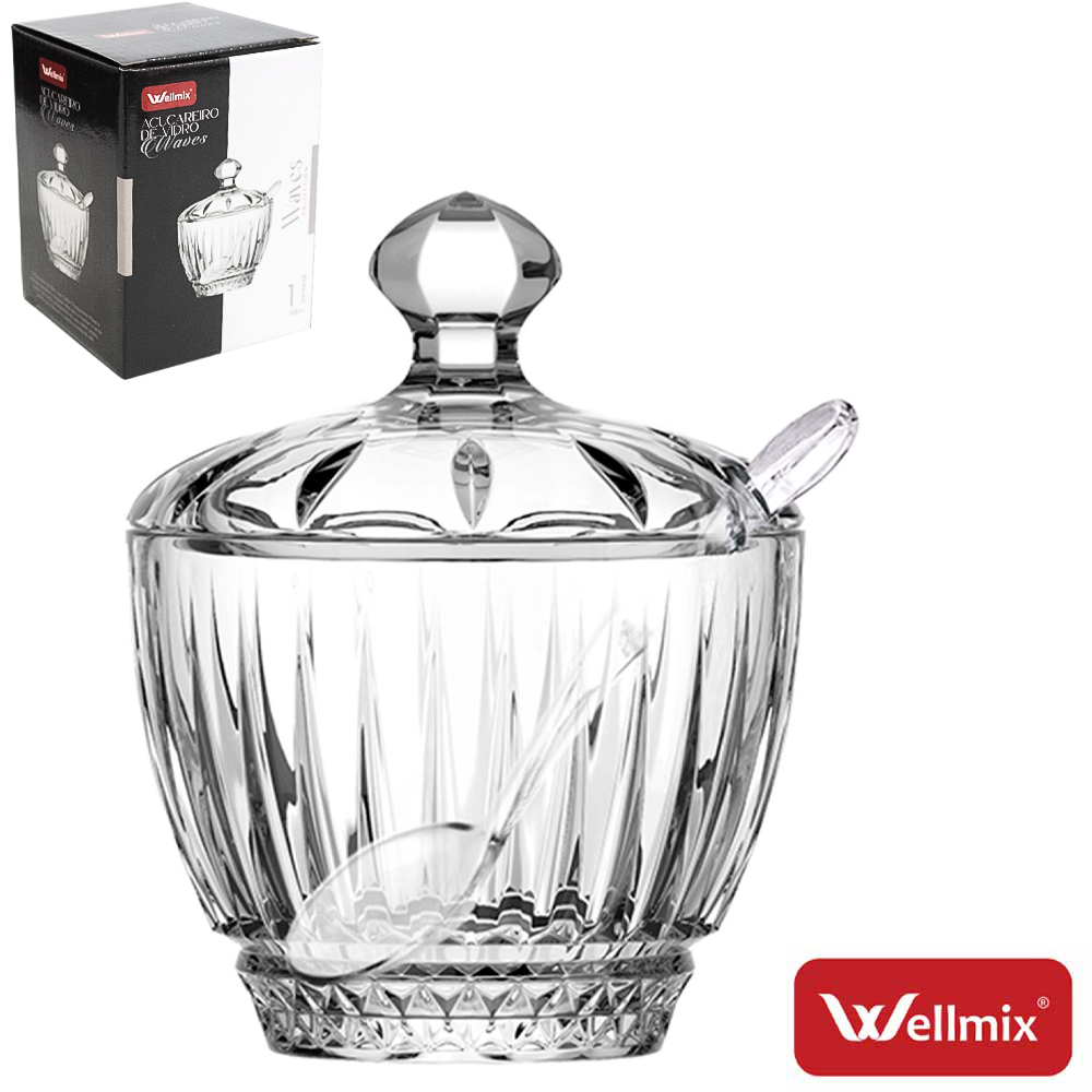 ACUCAREIRO / PORTA CONDIMENTO DE VIDRO COM TAMPA + COLHER DE ACRILICO WAVES COLLECTION TRANSPARENTE 188ML