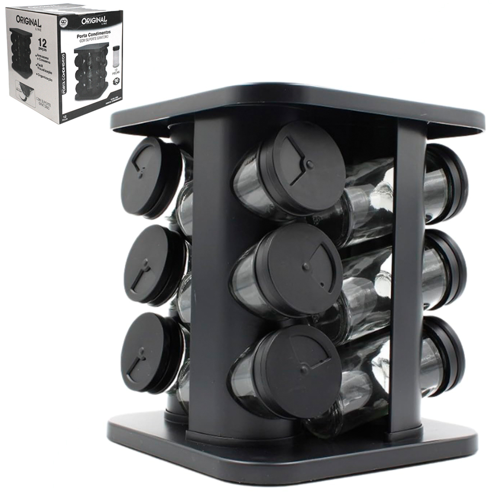 PORTA CONDIMENTO DE VIDRO / PLASTICO COM 12 PECAS 90ML + SUPORTE GIRATORIO QUADRADO BLACK