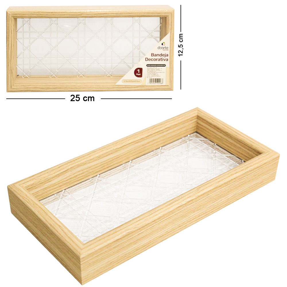 BANDEJA DE MADEIRA MDF COM FUNDO DE PLASTICO TRANSPARENTE RETANGULAR DECORATIVA DECOR 25X12,5X3,5CM