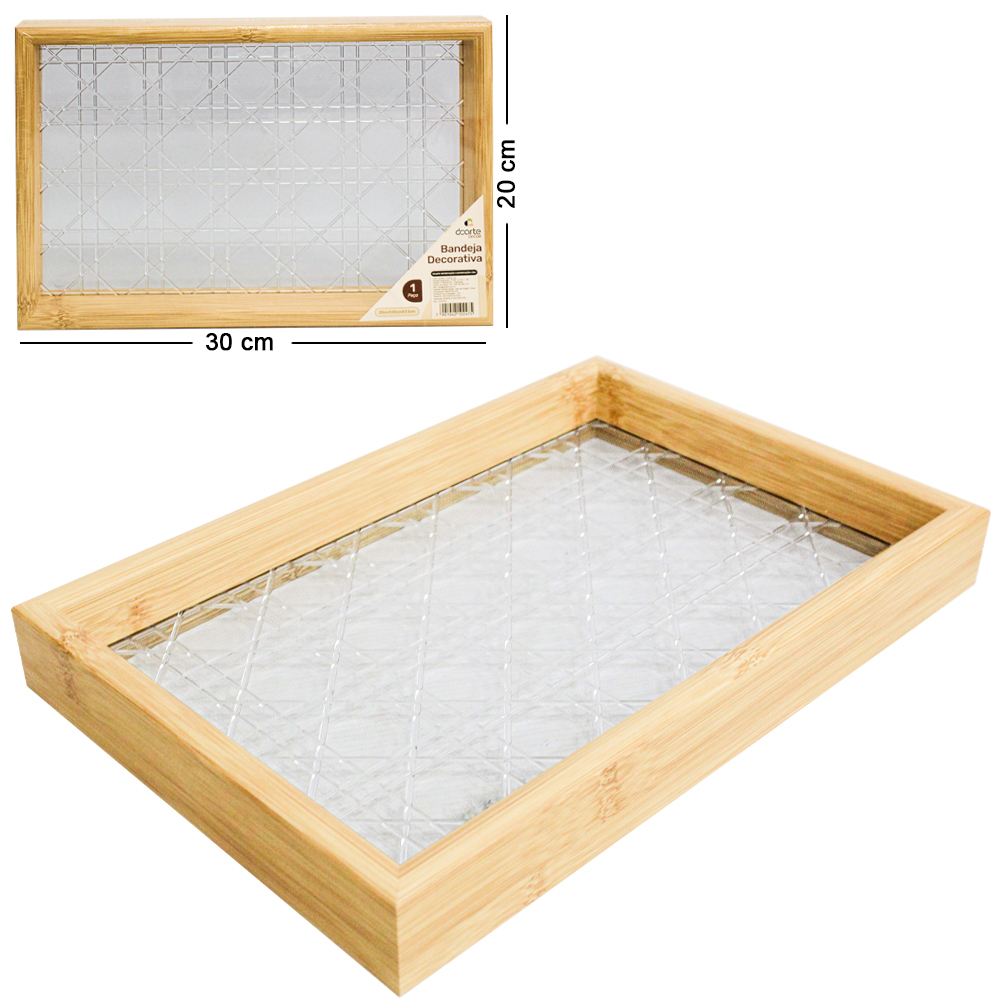BANDEJA DE MADEIRA MDF COM FUNDO DE PLASTICO TRANSPARENTE RETANGULAR DECORATIVA DECOR 30X20X3,5CM