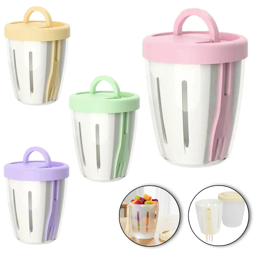 COPO POTE DE PLASTICO REDONDO PARA SALADA E FRUTA COM ESCORREDOR + GARFO + ALCA E TAMPA 12X10,5CM DE Ø