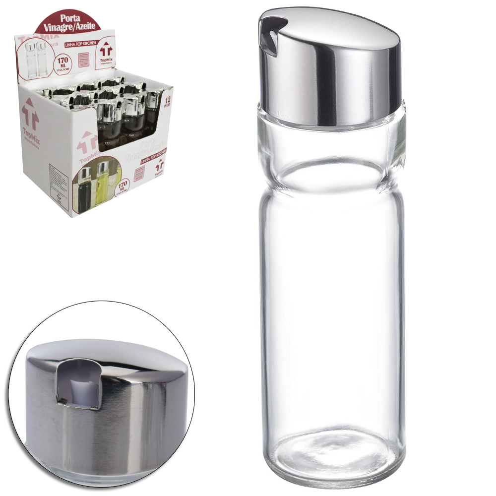 AZEITEIRO / VINAGREIRO DE VIDRO COM TAMPA DE PLASTICO PRATA 170ML DP PLAY