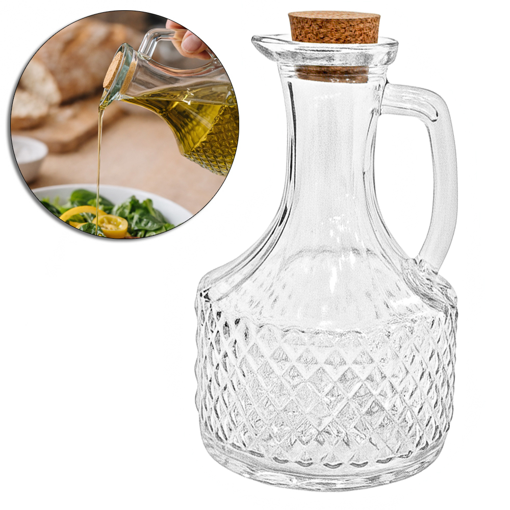 AZEITEIRO / VINAGREIRO / DECORATIVA DE VIDRO COM ALCA + TAMPA ROLHA CORTICA 370ML