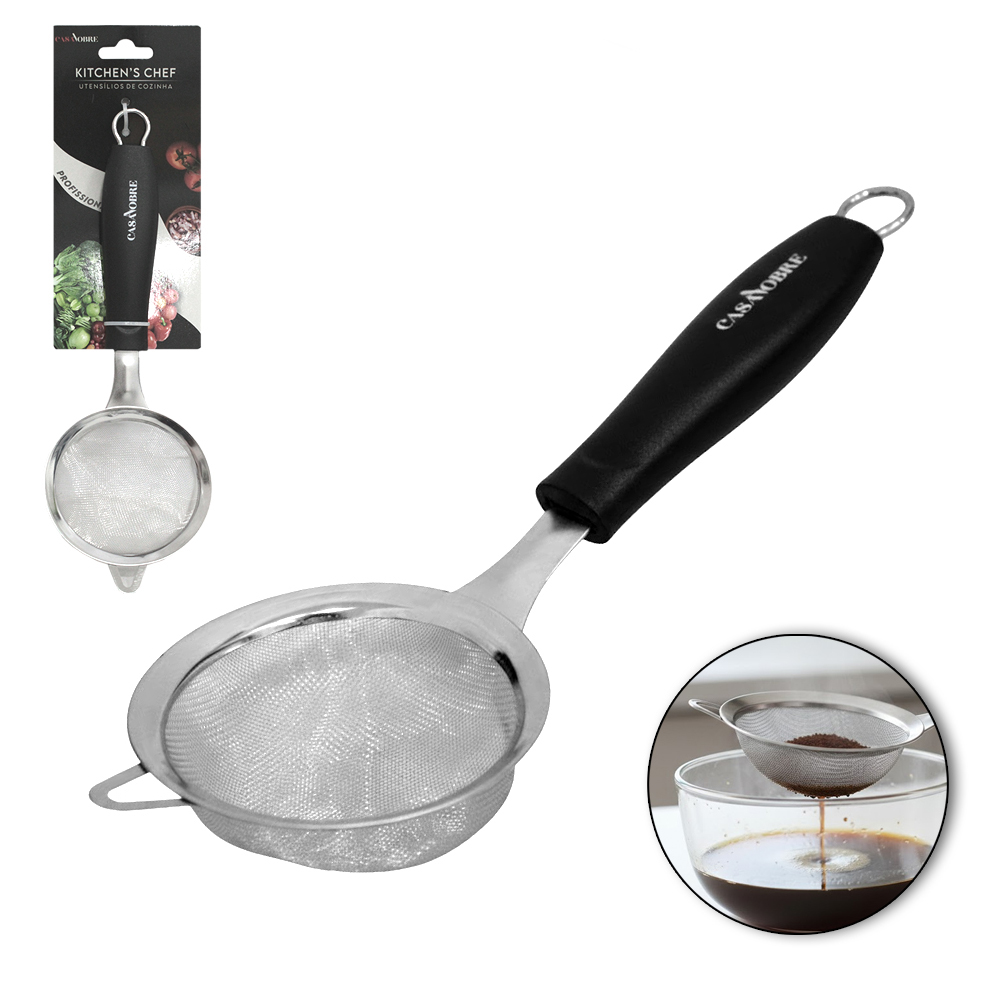 PENEIRA COADOR DE INOX CABO PLASTICO PRETO CASA NOBRE KITCHEN'S CHEF PROFISSIONAL 25,5X9CM DE Ø