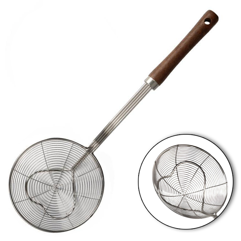 ESCUMADEIRA ARAMADA DE INOX CORACAO PARA FRITURA CABO MADEIRA CASA NOBRE 39,5X14CM DE Ø