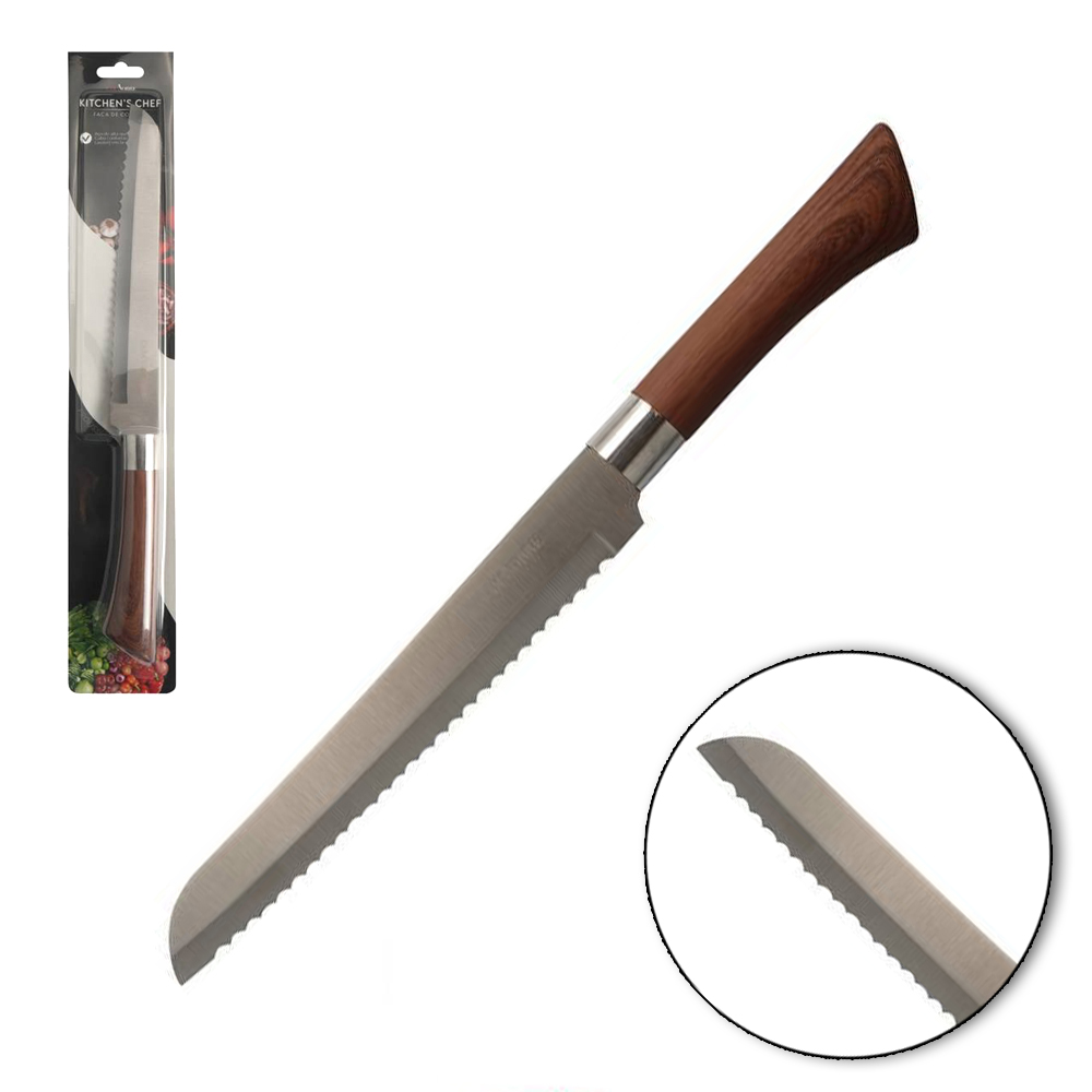 FACA DE PAO DE INOX 8'' CABO EMBORRACHADO TIPO MADEIRA PROFISSIONAL CASA NOBRE KITCHEN'S CHEF