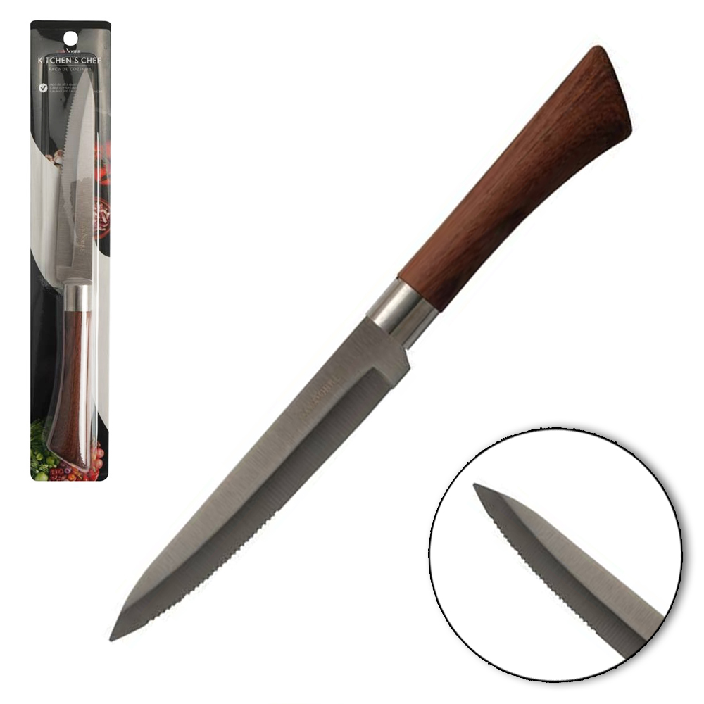 FACA SERRINHA DE COZINHA DE INOX 5'' CABO EMBORRACHADO TIPO MADEIRA PROFISSIONAL CASA NOBRE KITCHEN'S CHEF