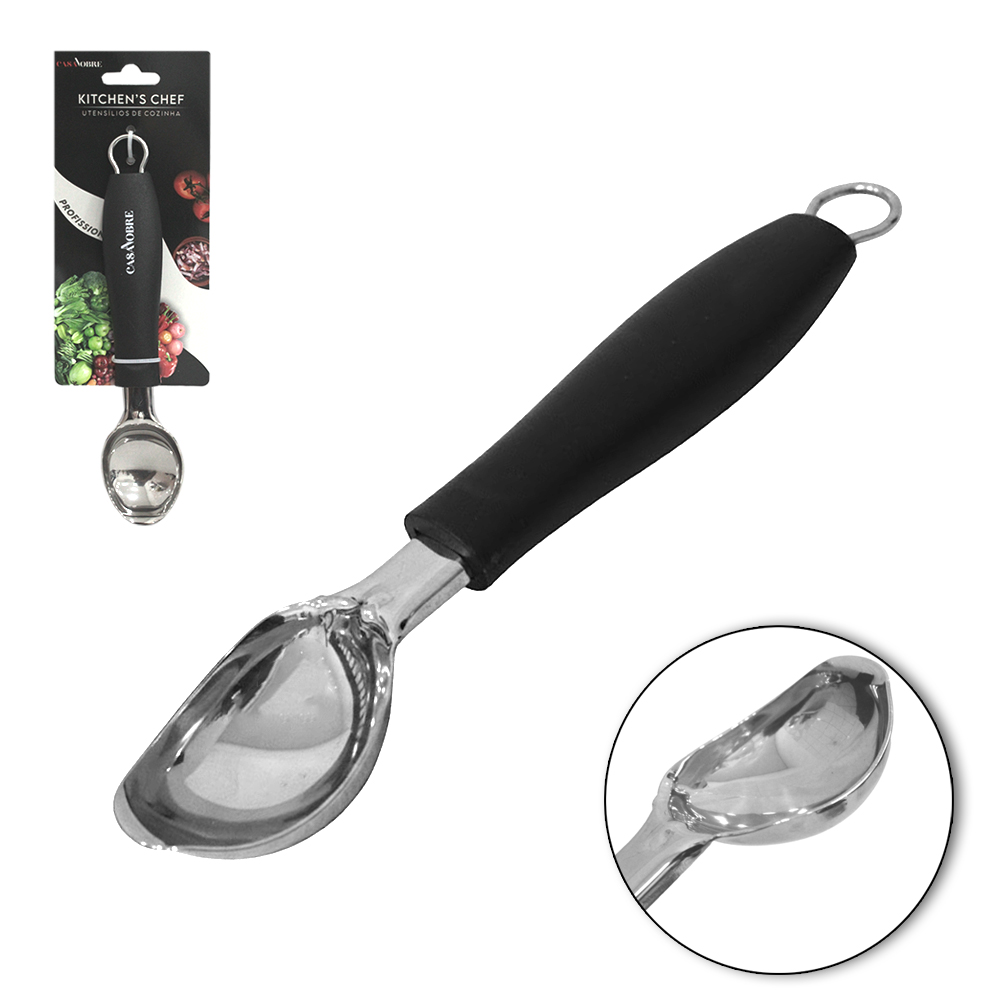 COLHER / CONCHA DE SORVETE DE INOX CABO PLASTICO PRETO CASA NOBRE KITCHEN'S CHEF PROFISSIONAL