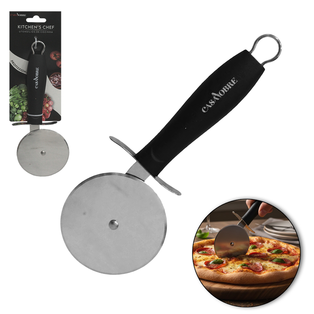 CARRETILHA CORTADOR DE PIZZA DE INOX CABO PLASTICO PRETO CASA NOBRE KITCHEN'S CHEF PROFISSIONAL