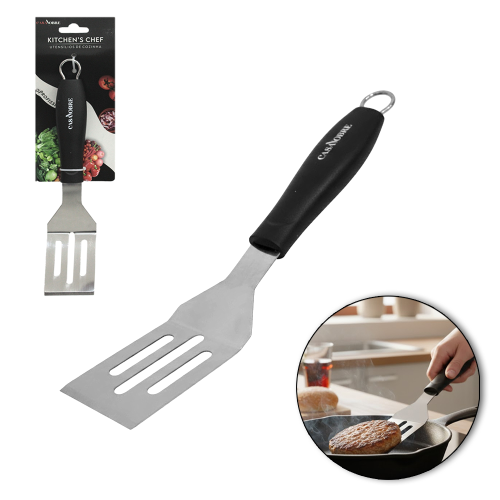 ESPATULA DE COZINHA DE INOX DEGRAU VAZADA CABO PLASTICO PRETO CASA NOBRE KITCHEN'S CHEF PROFISSIONAL