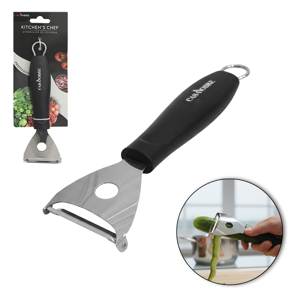 CORTADOR DESCASCADOR LEGUMES / FRUTAS DE INOX CABO PLASTICO PRETO CASA NOBRE KITCHEN'S CHEF PROFISSIONAL
