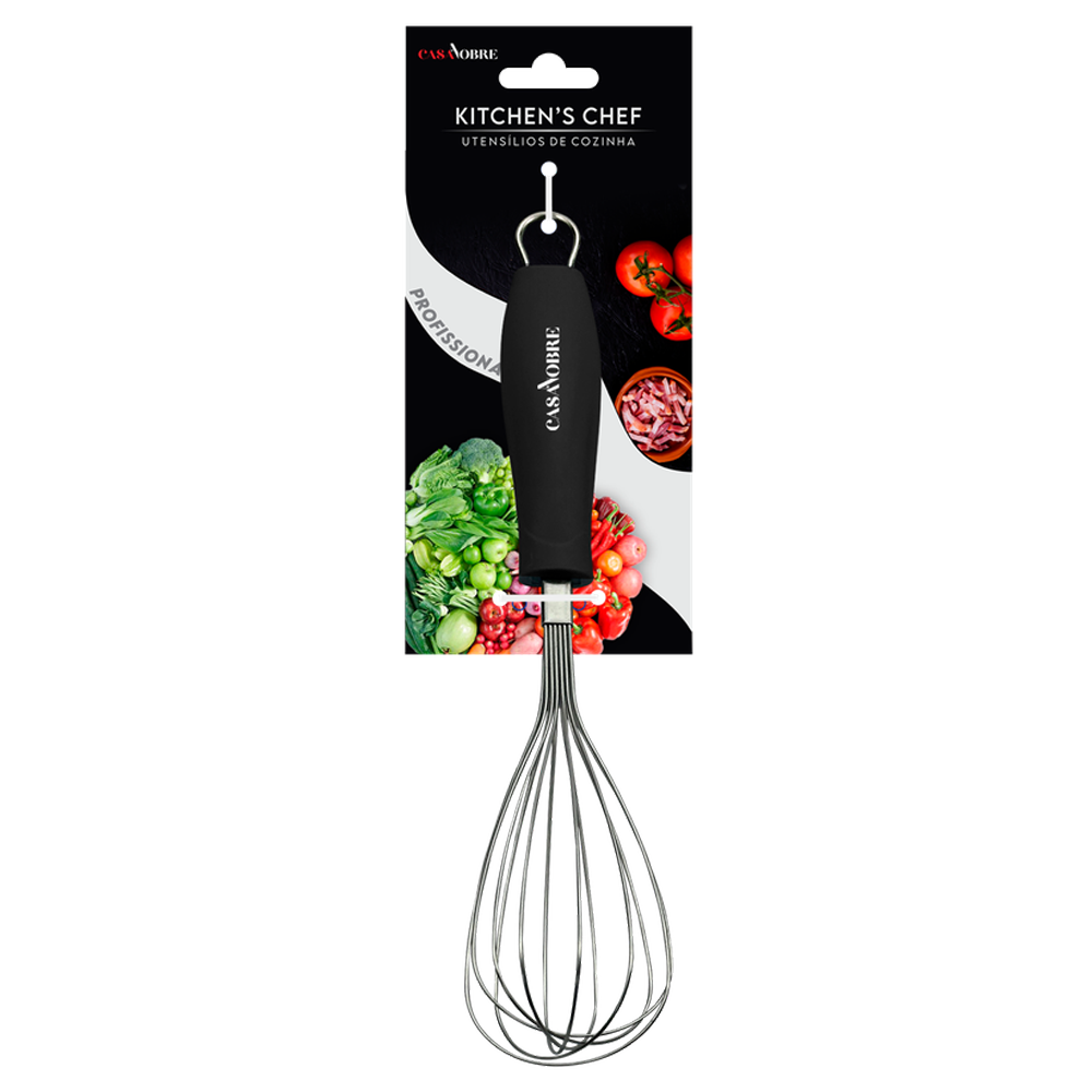 BATEDOR DE CLARA FOUET MANUAL DE INOX CABO PLASTICO PRETO CASA NOBRE KITCHEN'S CHEF PROFISSIONAL